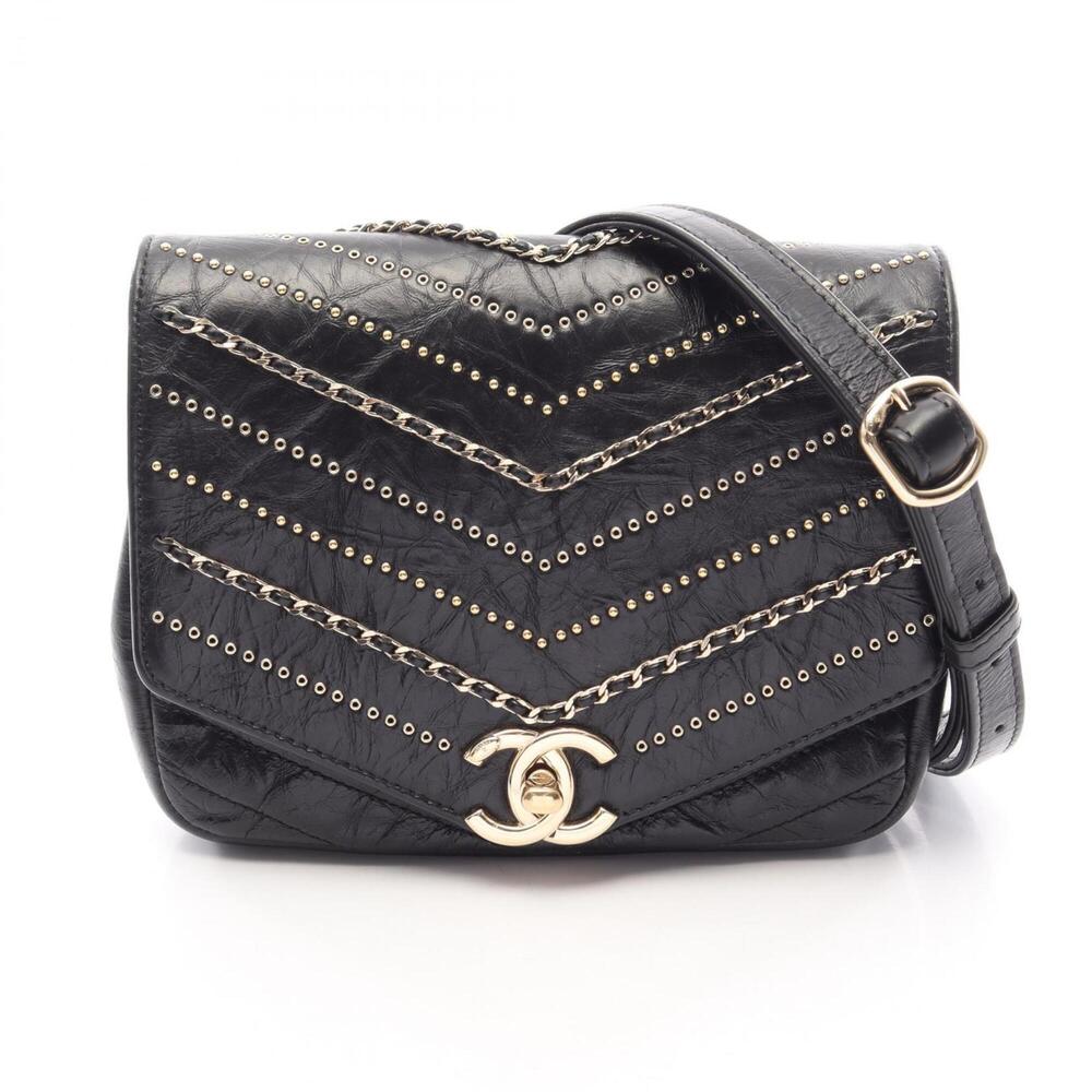 Chanel Chevron V-stitch Shoulder Bag Handbag Leather Women's Black